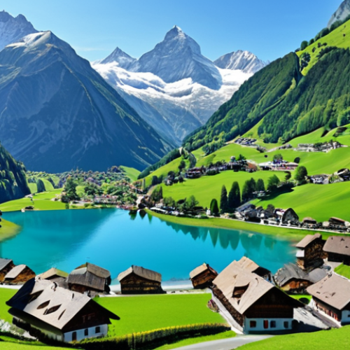 Home 19 **Swiss Alps Scenery:** Snow-capped Alps mountains reflecting in a crystal-clear blue lake, with a quaint green valley village in the foreground, capturing the essence of Swiss natural beauty.
