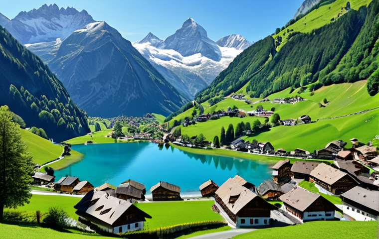 **Swiss Alps Scenery:** Snow-capped Alps mountains reflecting in a crystal-clear blue lake, with a quaint green valley village in the foreground, capturing the essence of Swiss natural beauty.