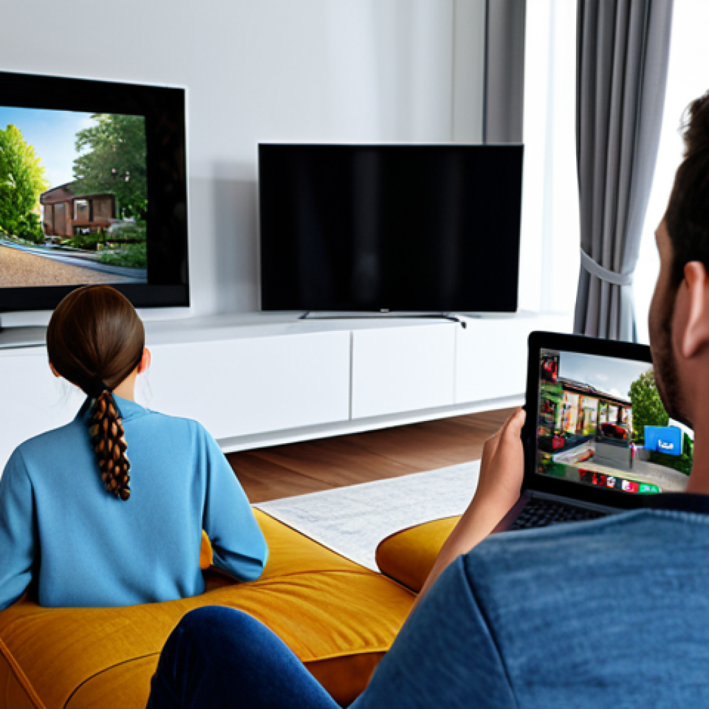 **
A diverse group of people, fully clothed in casual attire, are watching content on various devices (TV, laptop, tablet). The background shows a modern living room with a cozy atmosphere. Emphasize the shift from traditional TV to streaming platforms. Safe for work, appropriate content, family-friendly, perfect anatomy, natural proportions, professional digital art.
**