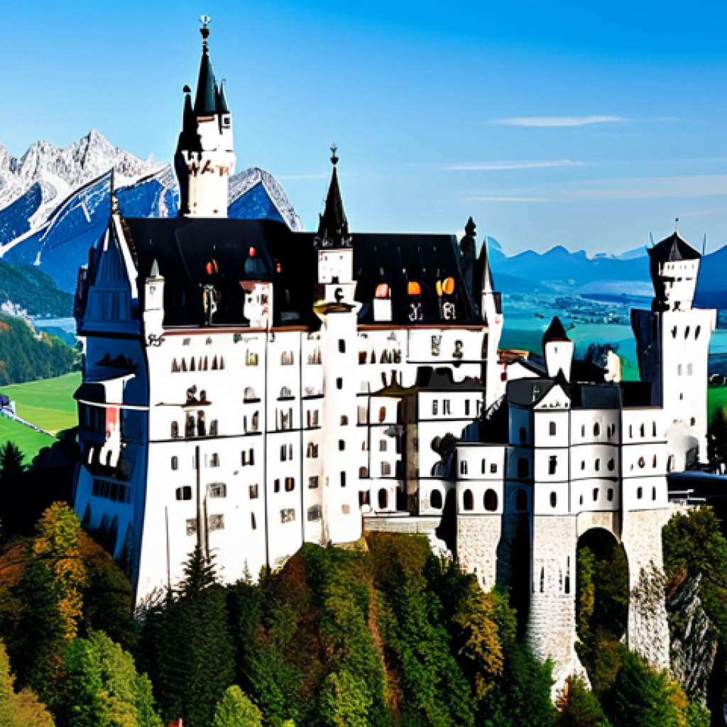 Neuschwanstein Castle**
A breathtaking view of Neuschwanstein Castle nestled in the Bavarian Alps, Germany. The castle, with its romantic architectural style and fairytale appearance, stands majestically against a backdrop of lush green forests and snow-capped mountains. Capture the castle's intricate details, including its towers, turrets, and ornate facades. The scene should evoke a sense of wonder and enchantment. Fully clothed, appropriate content, safe for work, perfect anatomy, natural proportions, professional, family-friendly.
**