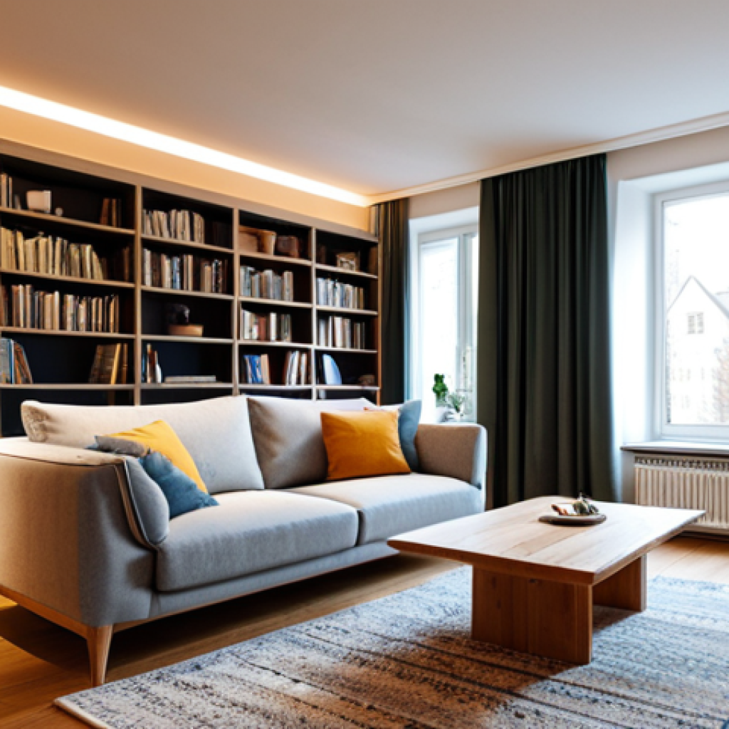 독일에서 집 렌트하는 법 - A cozy, fully furnished apartment in Germany, showcasing a modern living room with a comfortable sof...