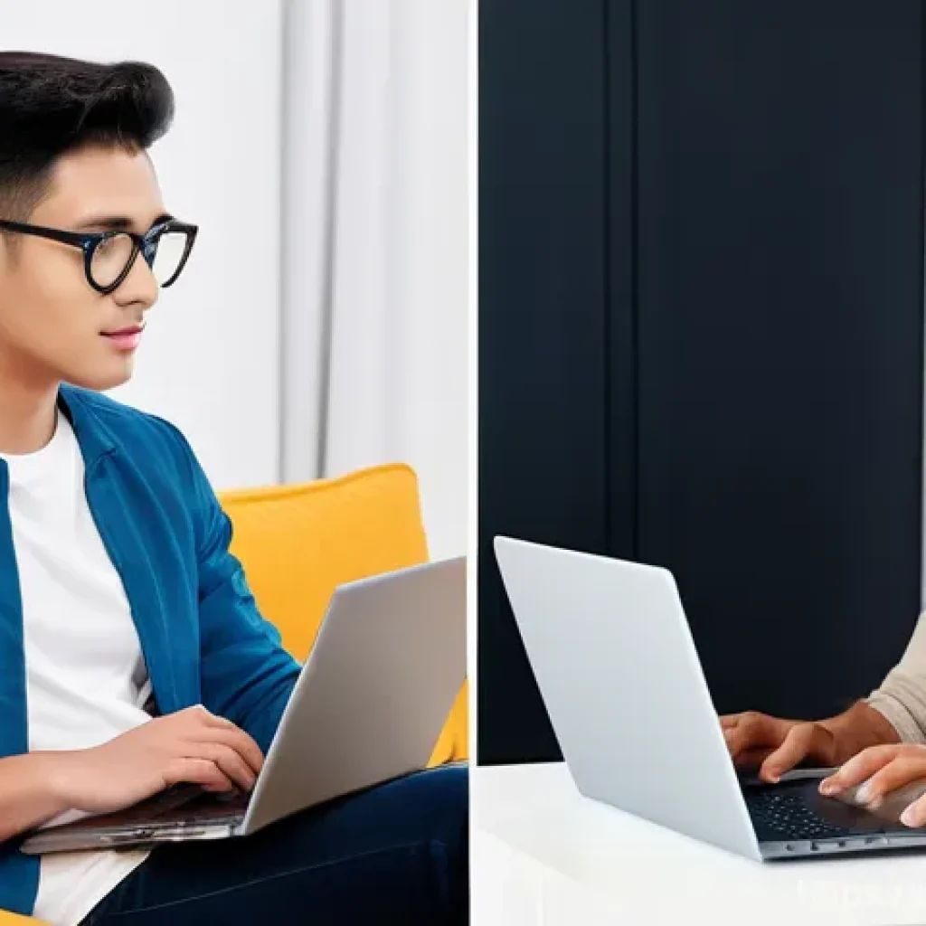 독일에서 노트북 사기 좋은 곳 - **Prompt:** A split image contrasting two laptop shopping experiences. On the left side, a young per...