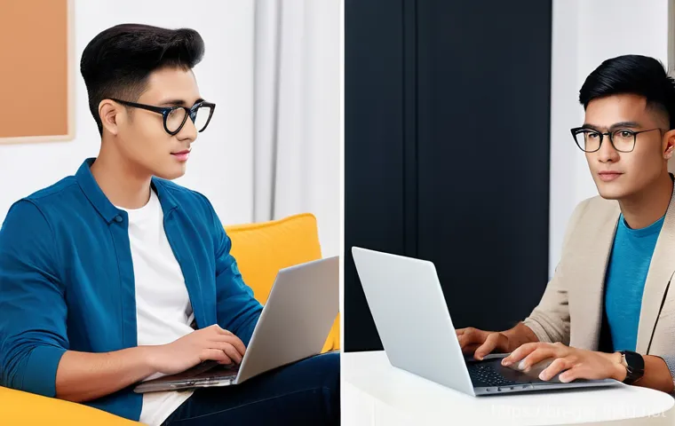 독일에서 노트북 사기 좋은 곳 - **Prompt:** A split image contrasting two laptop shopping experiences. On the left side, a young per...