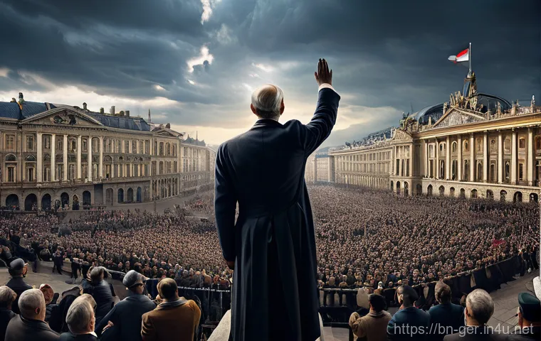 나치 독일 역사 - The Charismatic Architect of a Nation's Fate**
**Prompt:** A historically inspired, high-angle wide...